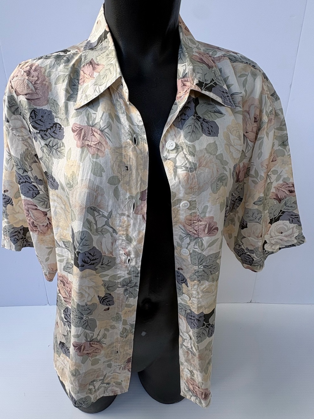 Women's Floral Short-Sleeve 100% Silk Blouse - Cream Multi
